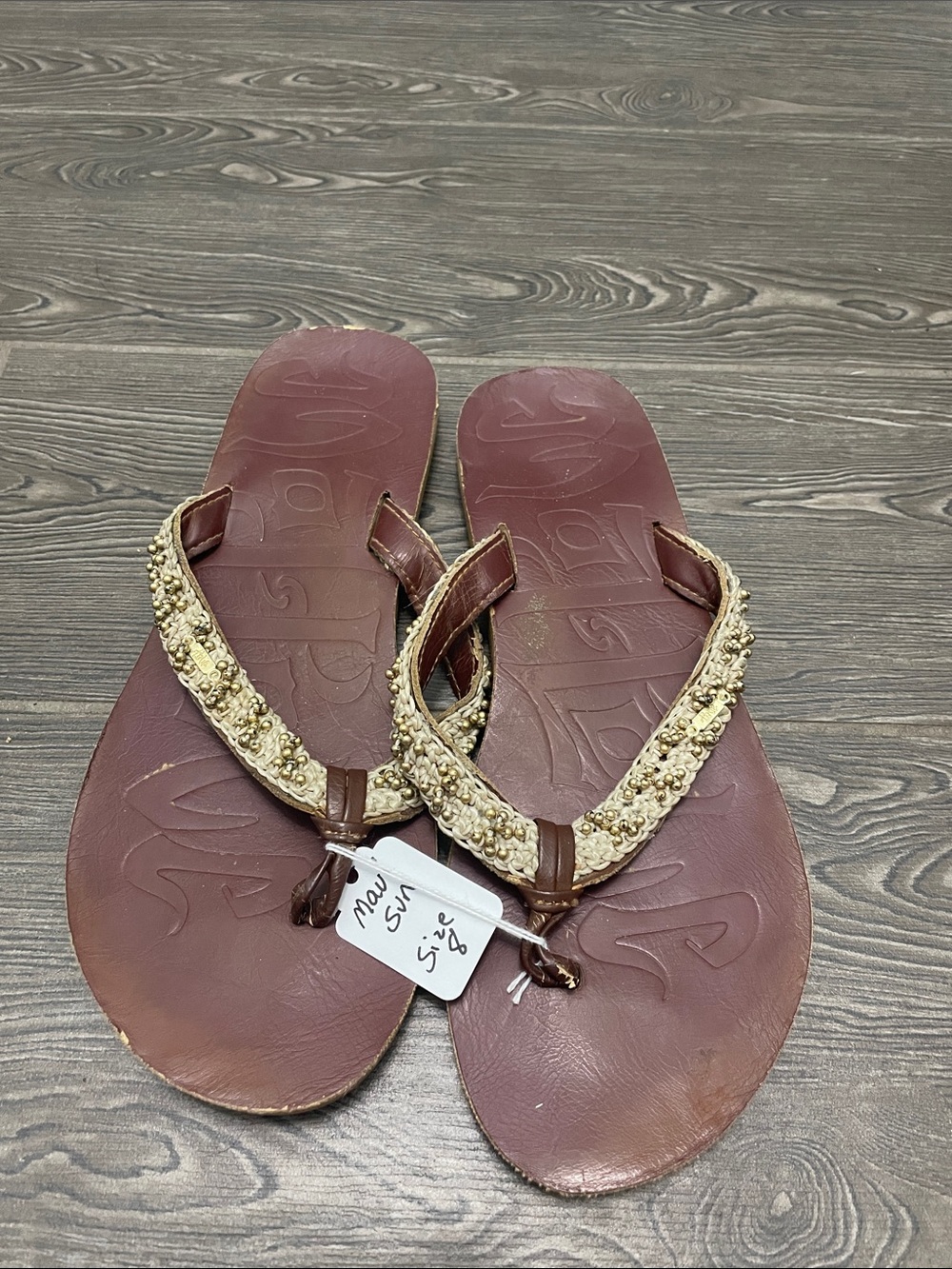 Matisse Brown Leather Flip-Flop Sandals with Gold Beaded Straps